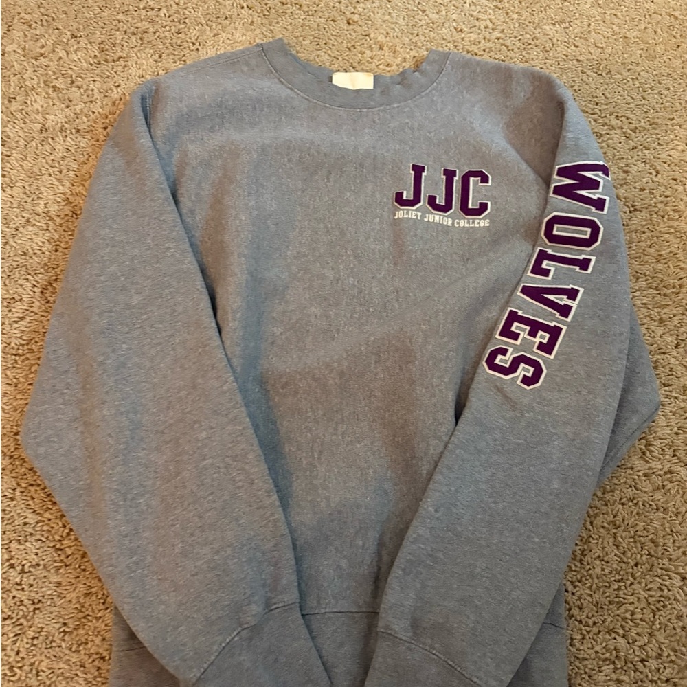 MV Sport Gray Crewneck Sweater with Purple Accents